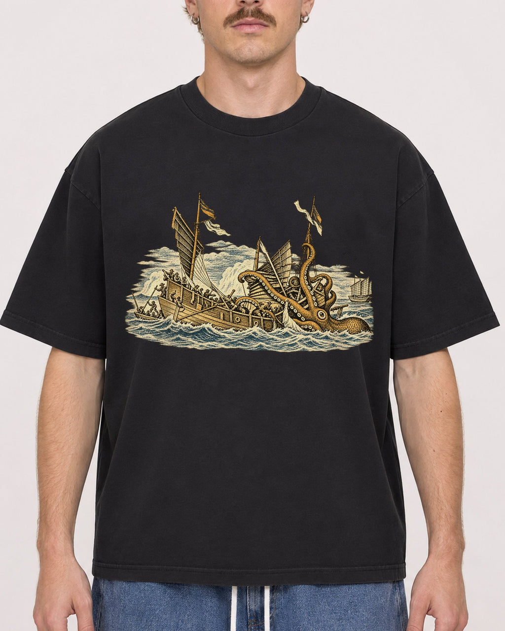 Mockup Boxy Heavyweight Tee Black male close-up 19