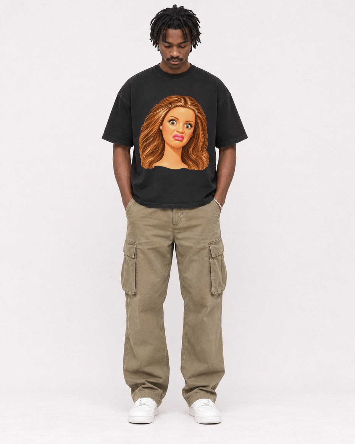 Mockup Boxy Heavyweight Tee Black male full-body 04