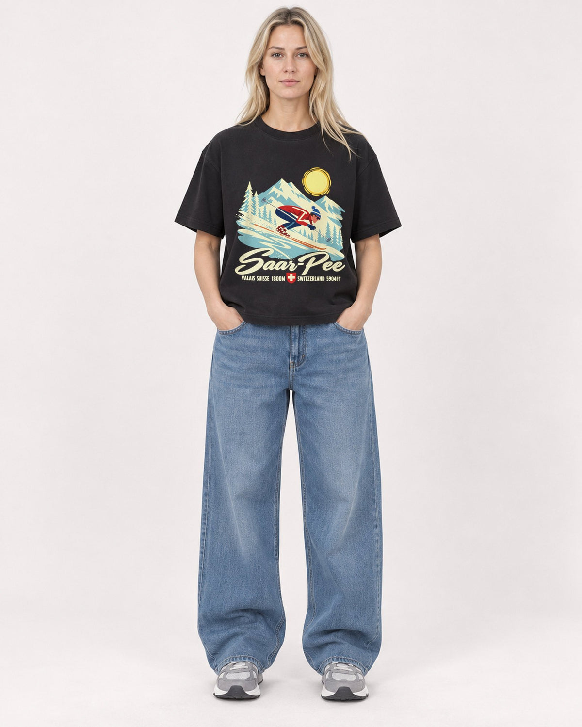 Mockup Boxy Heavyweight Tee Black female full-body 08