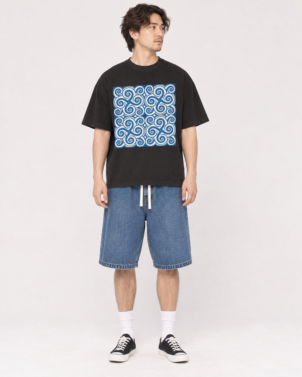 Mockup Boxy Heavyweight Tee Black male full-body 03