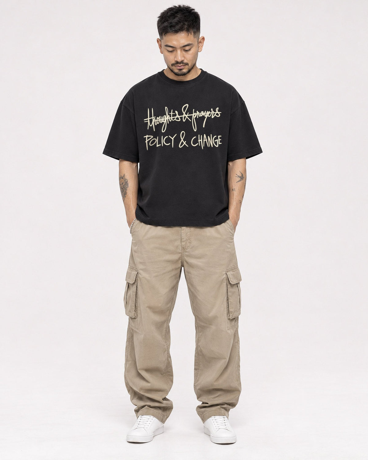 Mockup Boxy Heavyweight Tee Black male full-body 12