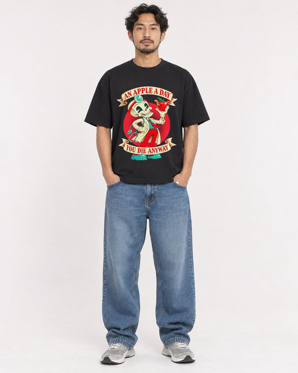 Mockup Boxy Heavyweight Tee Black male full-body 02