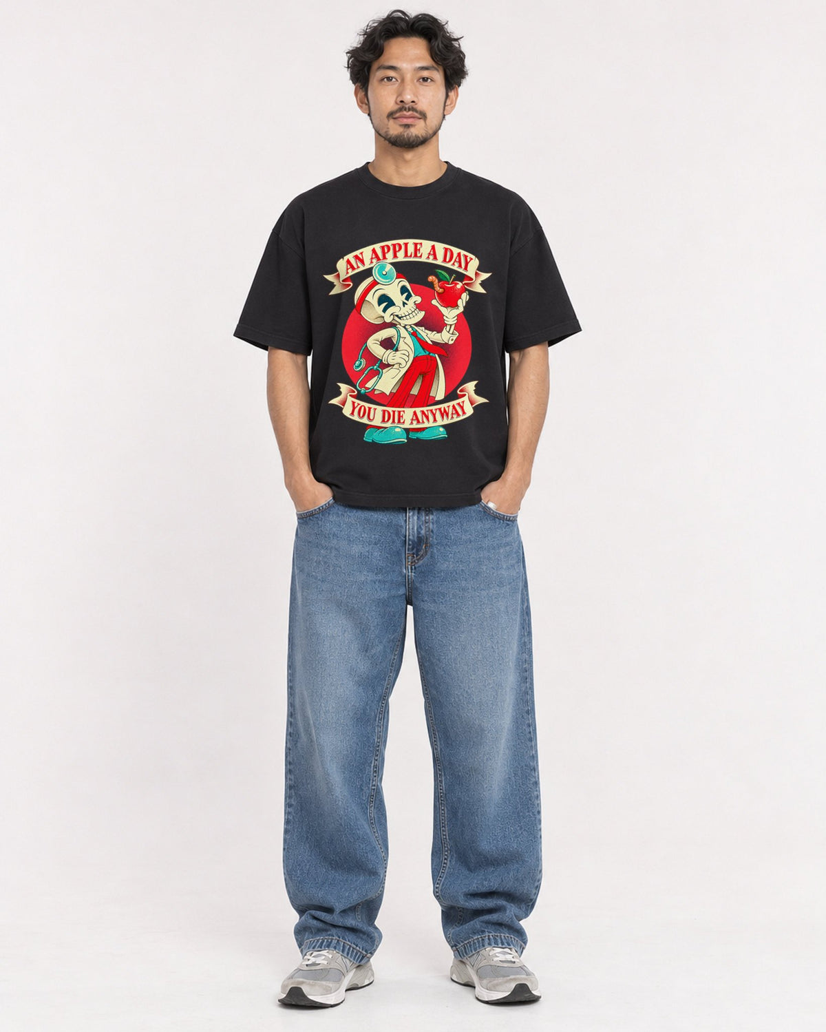Mockup Boxy Heavyweight Tee Black male full-body 02