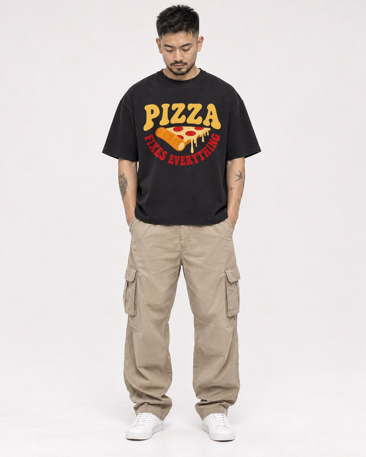 Mockup Boxy Heavyweight Tee Black male full-body 12
