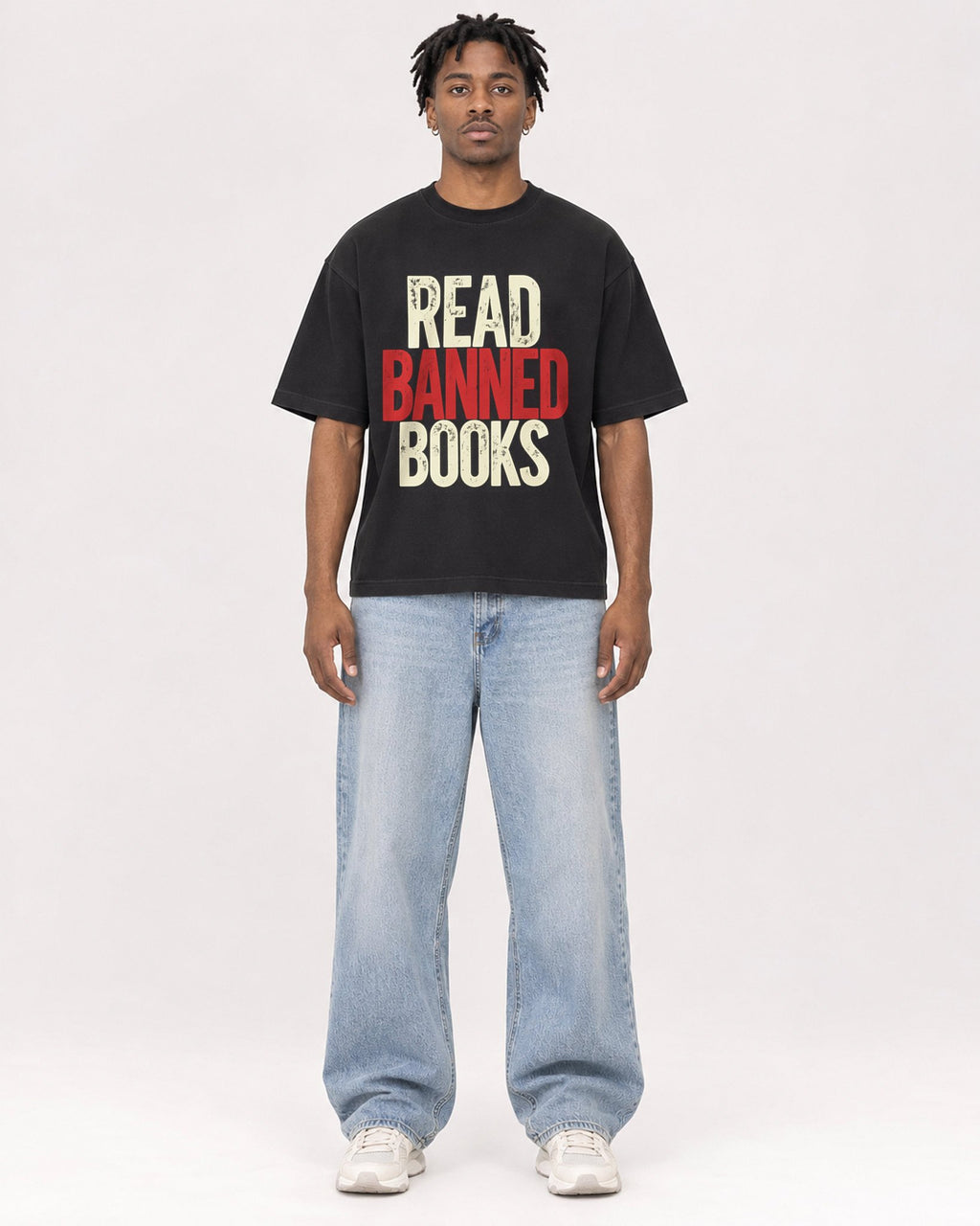 Mockup Boxy Heavyweight Tee Black male full-body 05