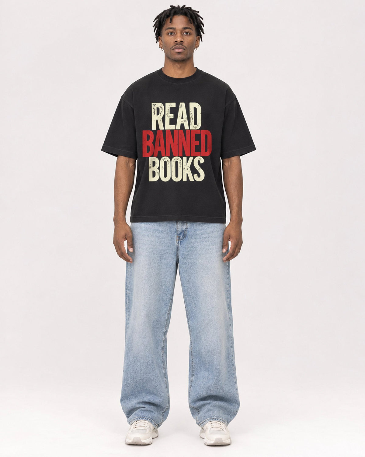 Mockup Boxy Heavyweight Tee Black male full-body 05