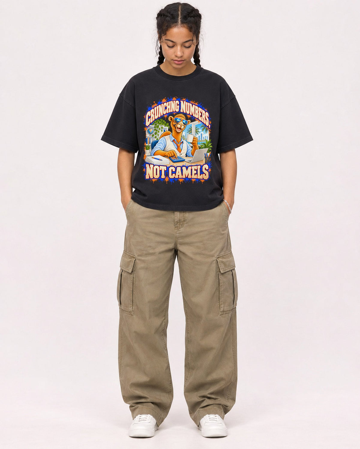 Mockup Boxy Heavyweight Tee Black female full-body 50