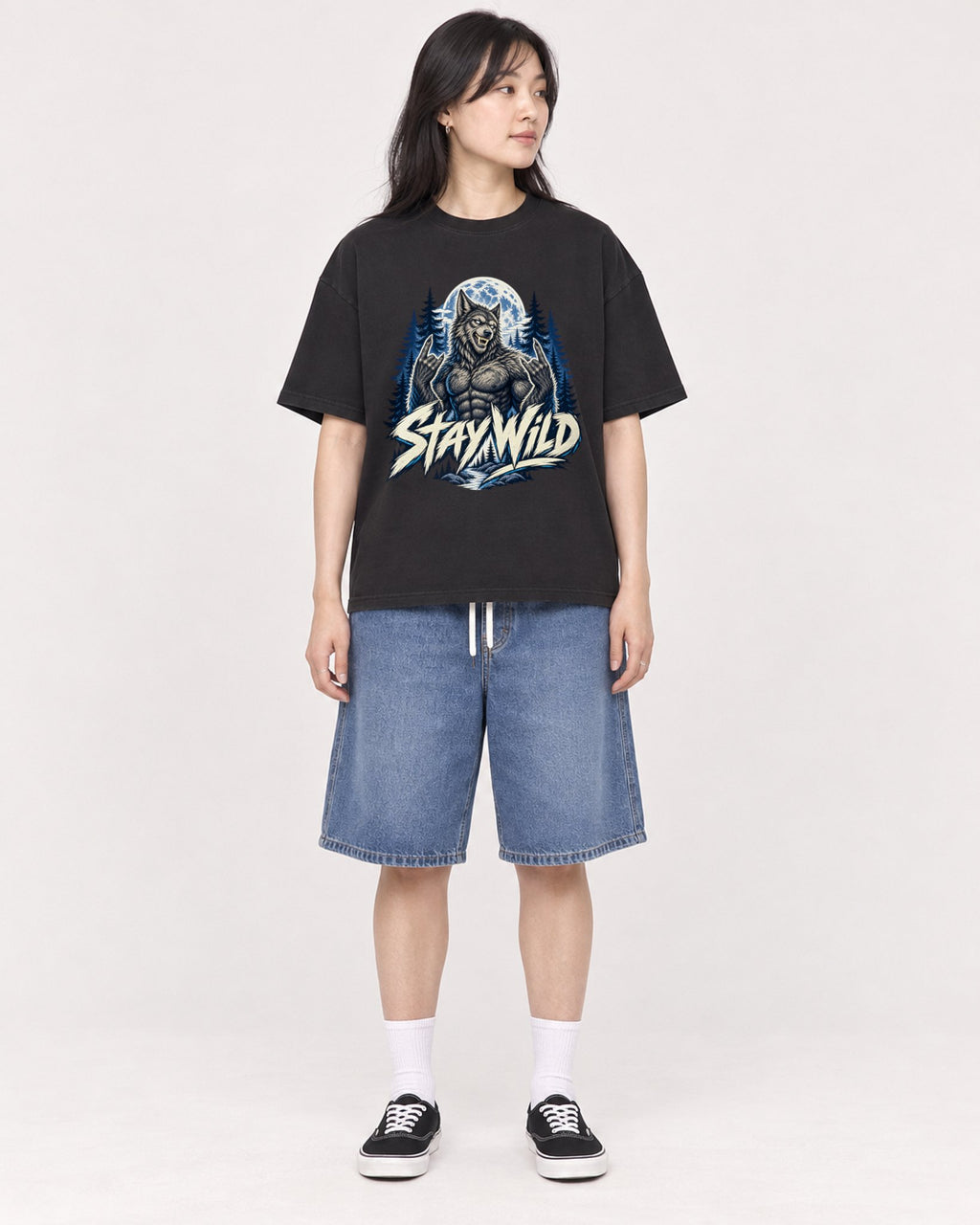 Mockup Boxy Heavyweight Tee Black female full-body 13