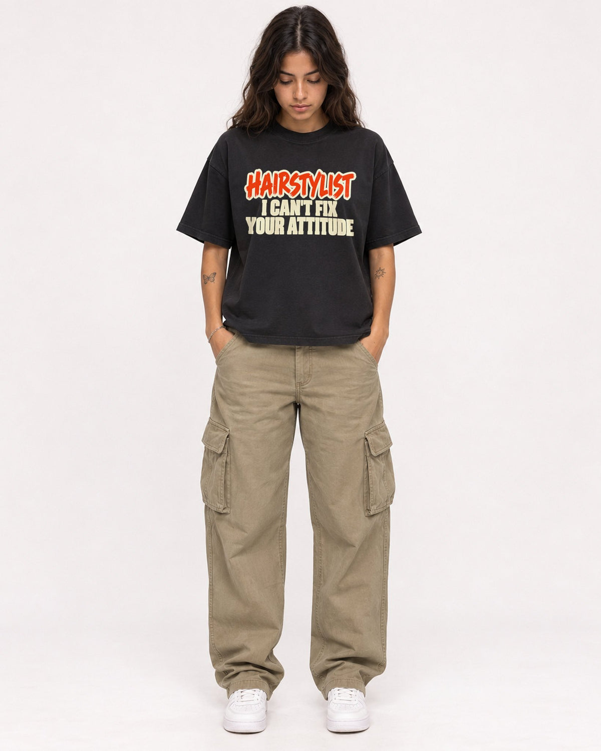 Mockup Boxy Heavyweight Tee Black female full-body 06
