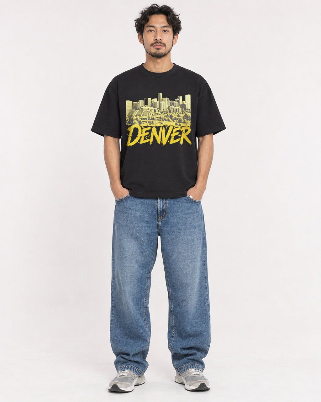 Mockup Boxy Heavyweight Tee Black male full-body 02