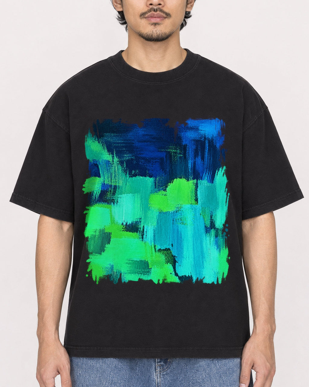 Mockup Boxy Heavyweight Tee Black male close-up 02