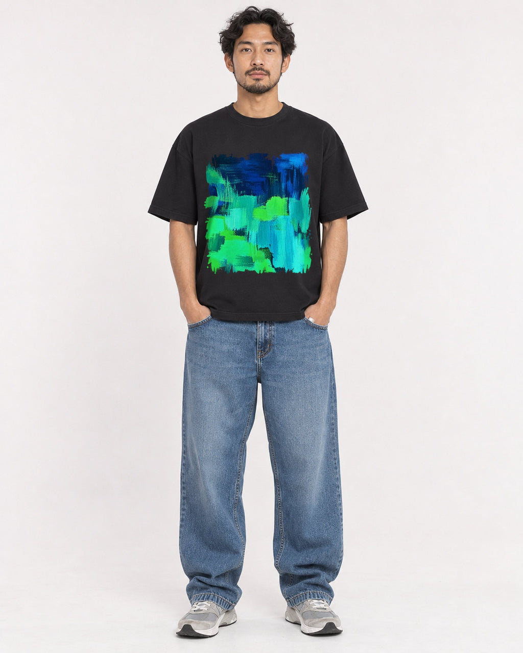 Mockup Boxy Heavyweight Tee Black male full-body 02