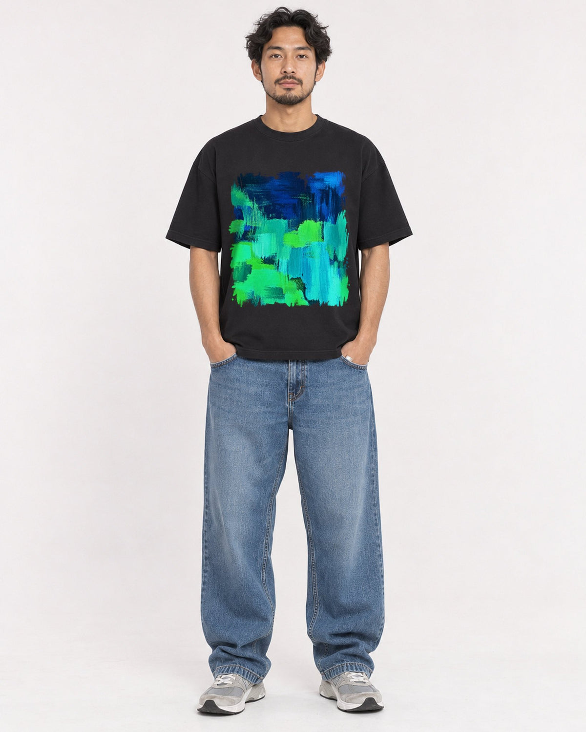 Mockup Boxy Heavyweight Tee Black male full-body 02