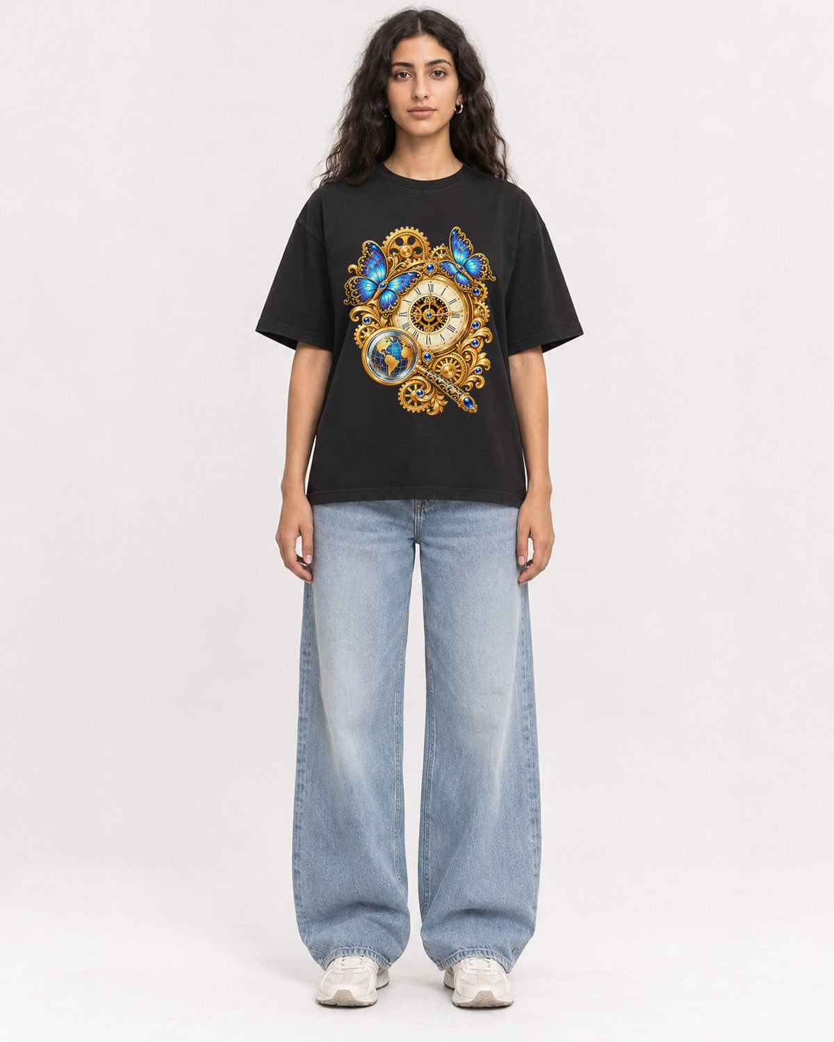 Mockup Boxy Heavyweight Tee Black female full-body 07
