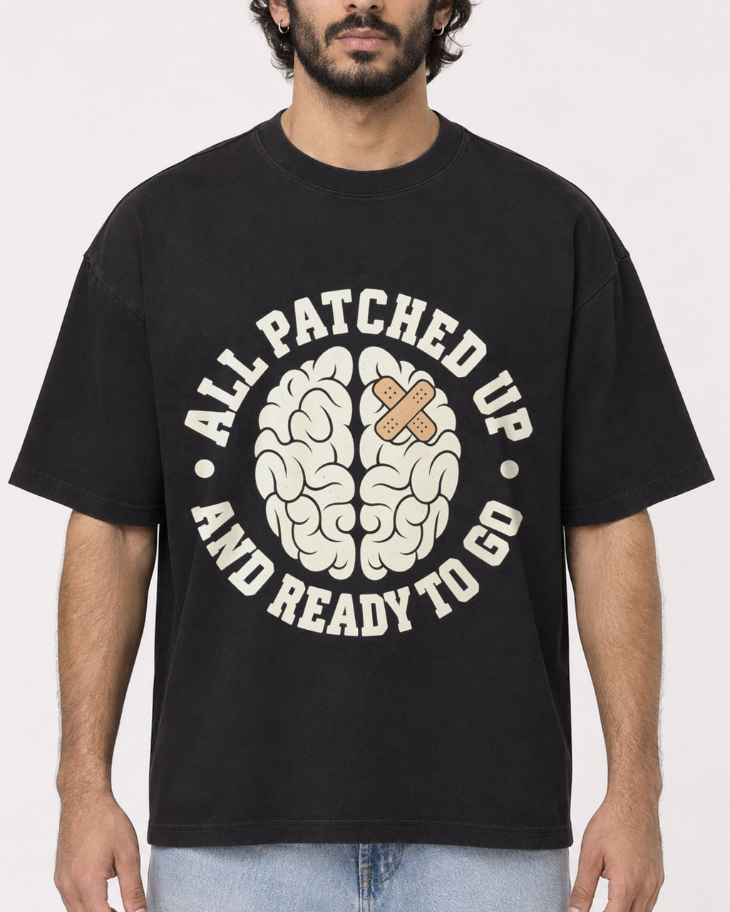 Mockup Boxy Heavyweight Tee Black male close-up 17