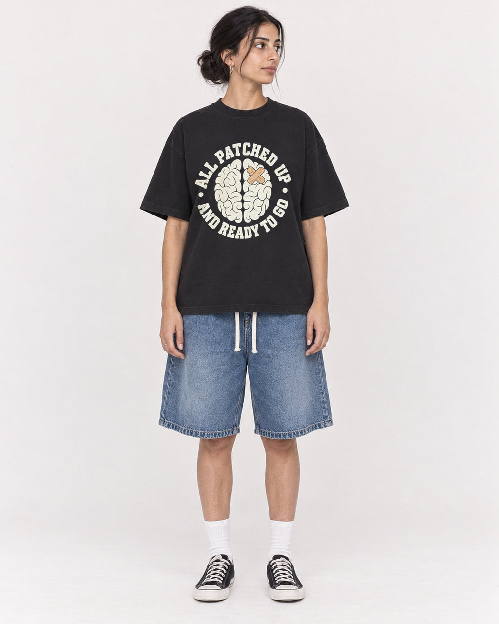 Mockup Boxy Heavyweight Tee Black female full-body 17