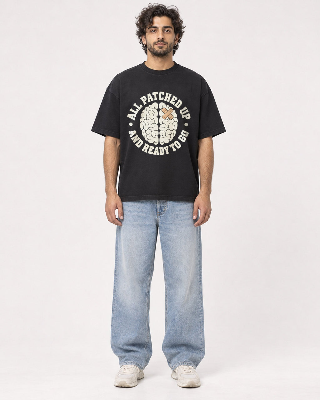 Mockup Boxy Heavyweight Tee Black male full-body 17