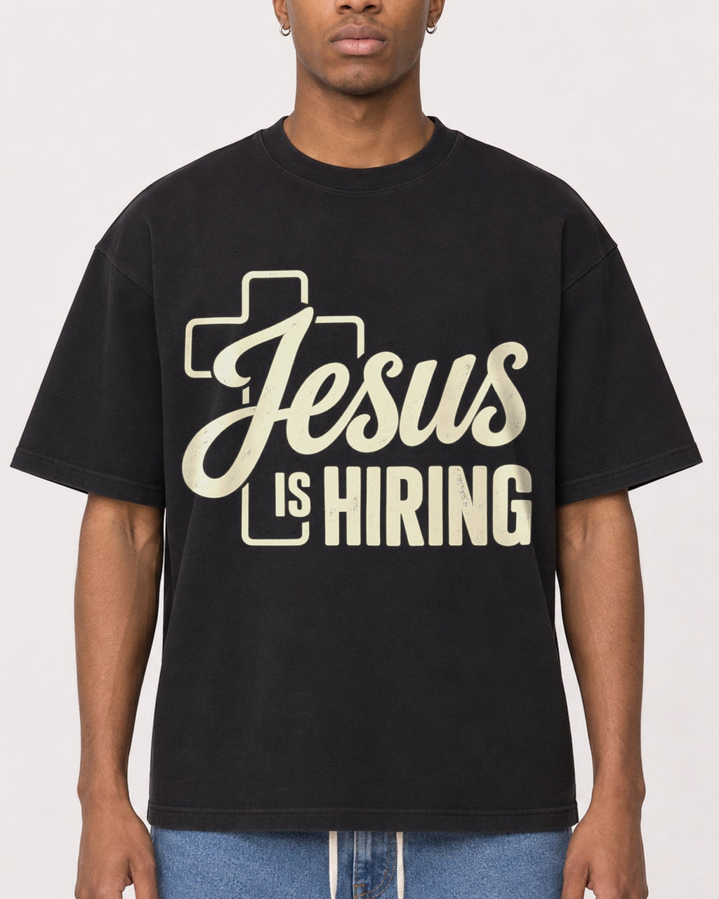 Mockup Boxy Heavyweight Tee Black male close-up 35