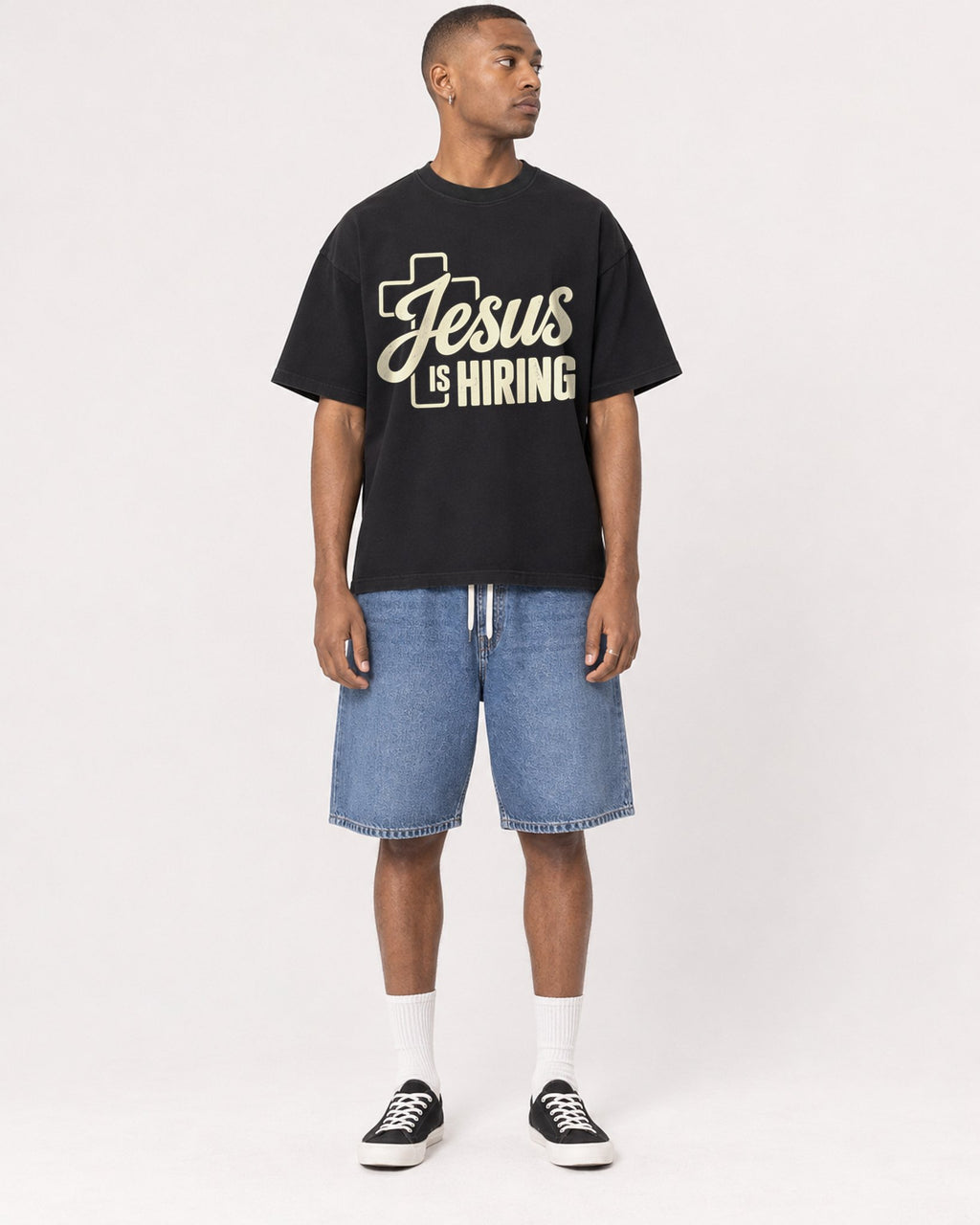 Mockup Boxy Heavyweight Tee Black male full-body 35