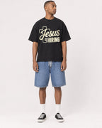 Mockup Boxy Heavyweight Tee Black male full-body 35