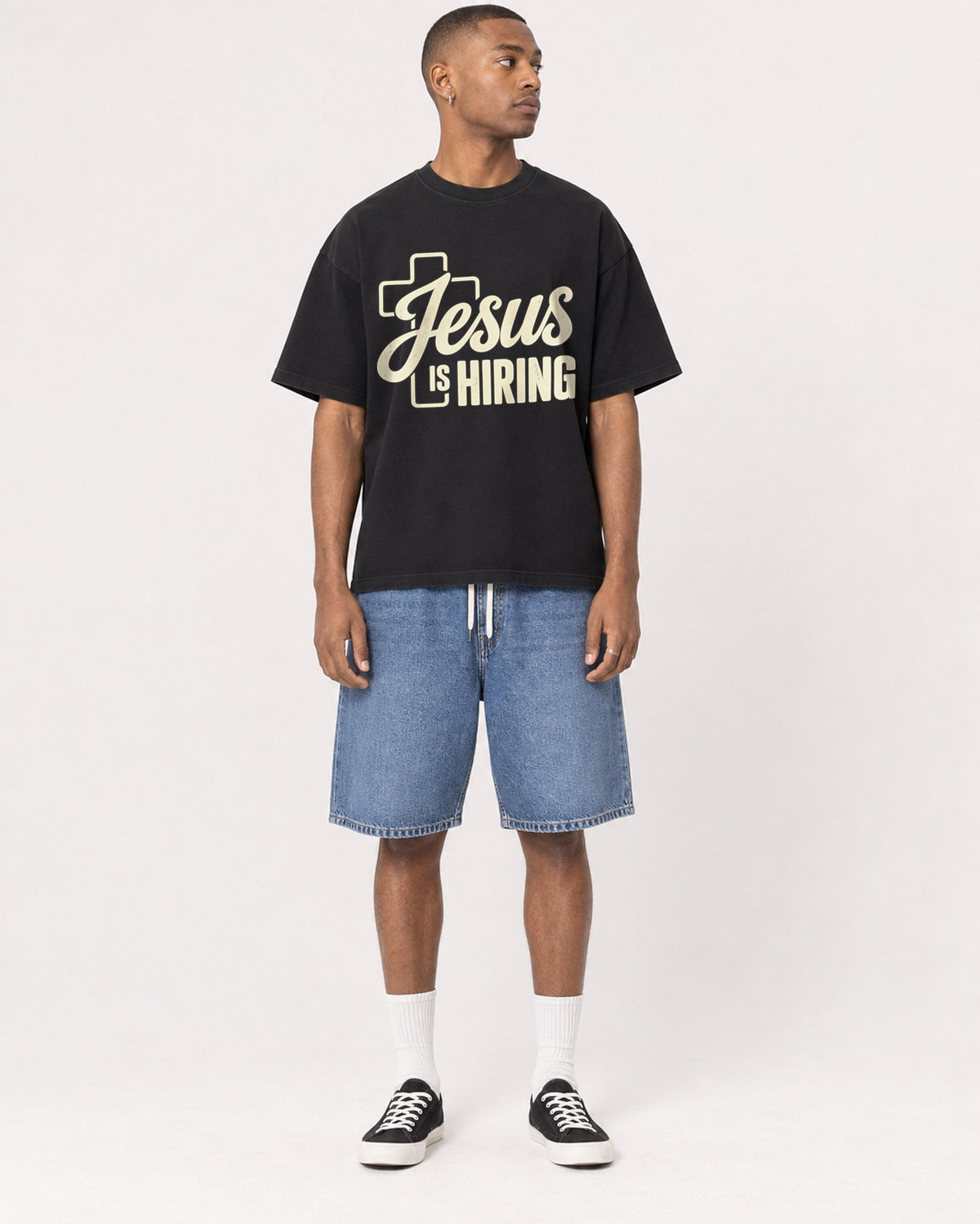 Mockup Boxy Heavyweight Tee Black male full-body 35