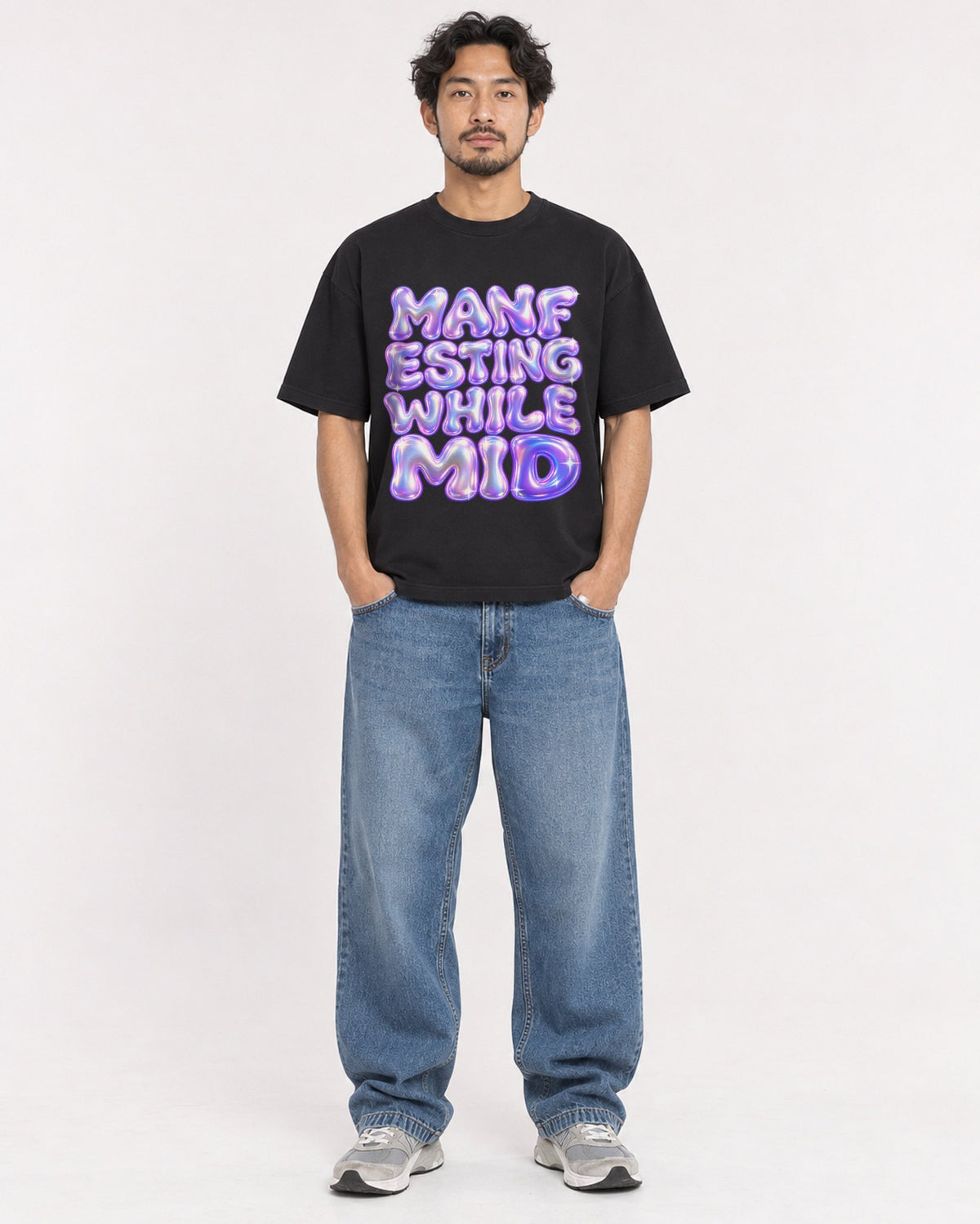 Mockup Boxy Heavyweight Tee Black male full-body 02