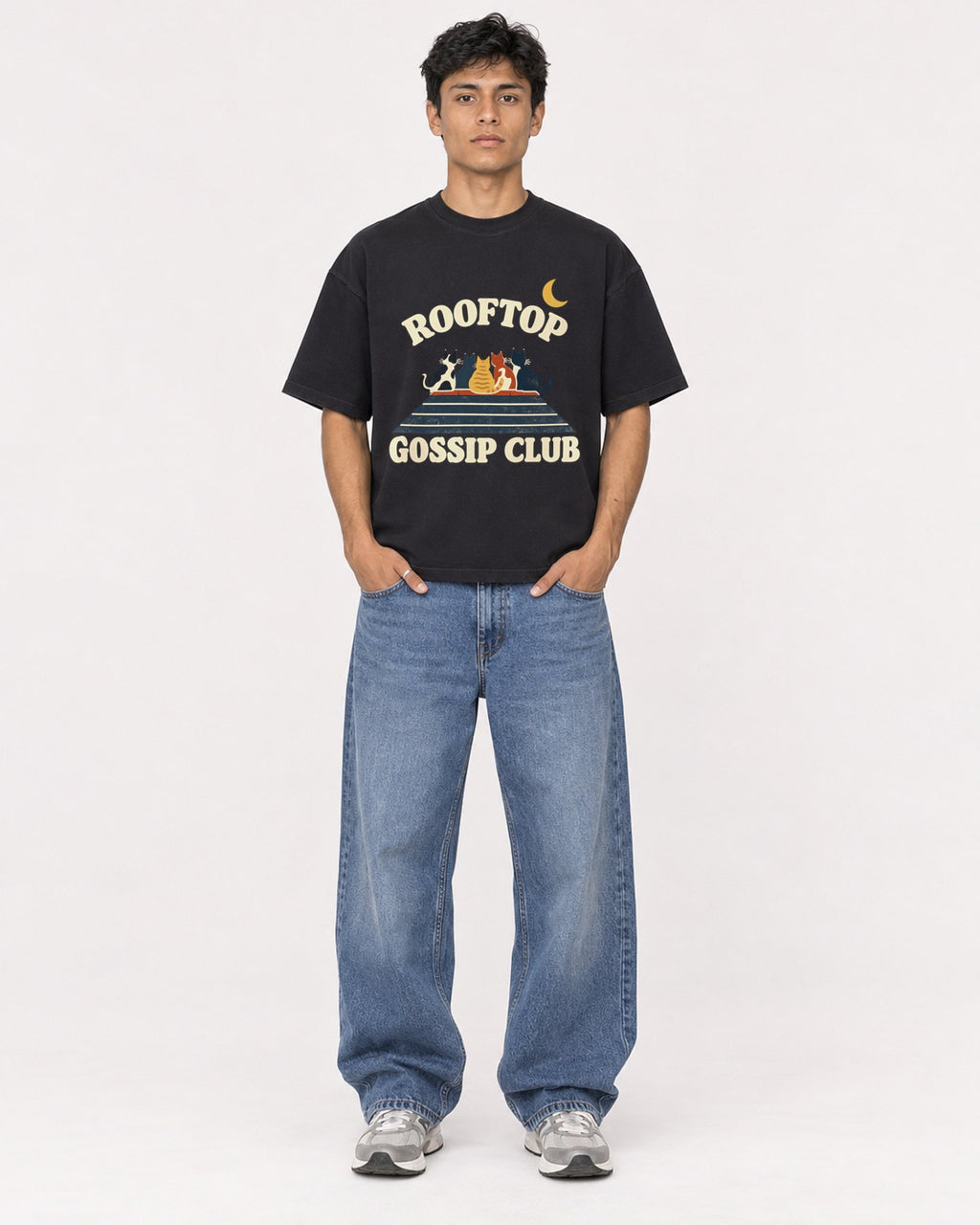 Mockup Boxy Heavyweight Tee Black male full-body 46