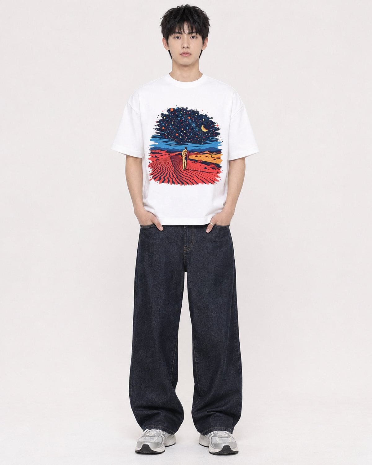 Mockup Boxy Heavyweight Tee White male full-body 01