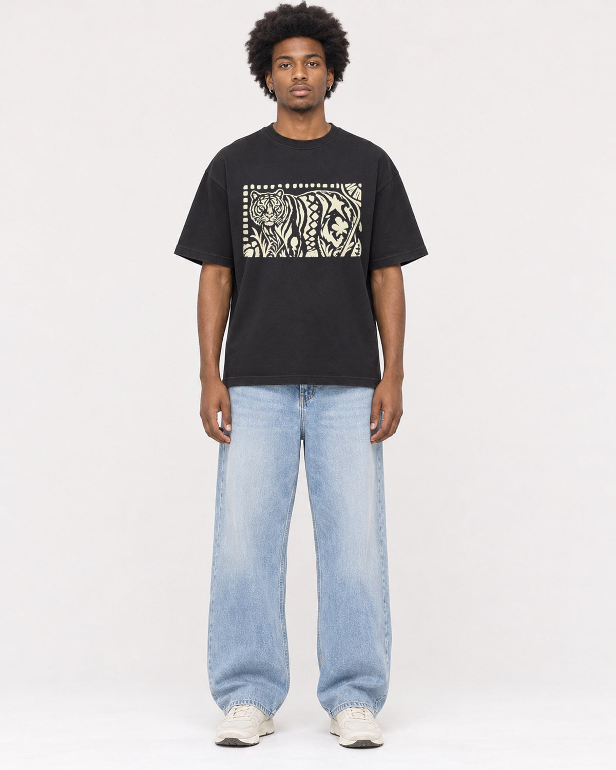 Mockup Boxy Heavyweight Tee Black male full-body 45