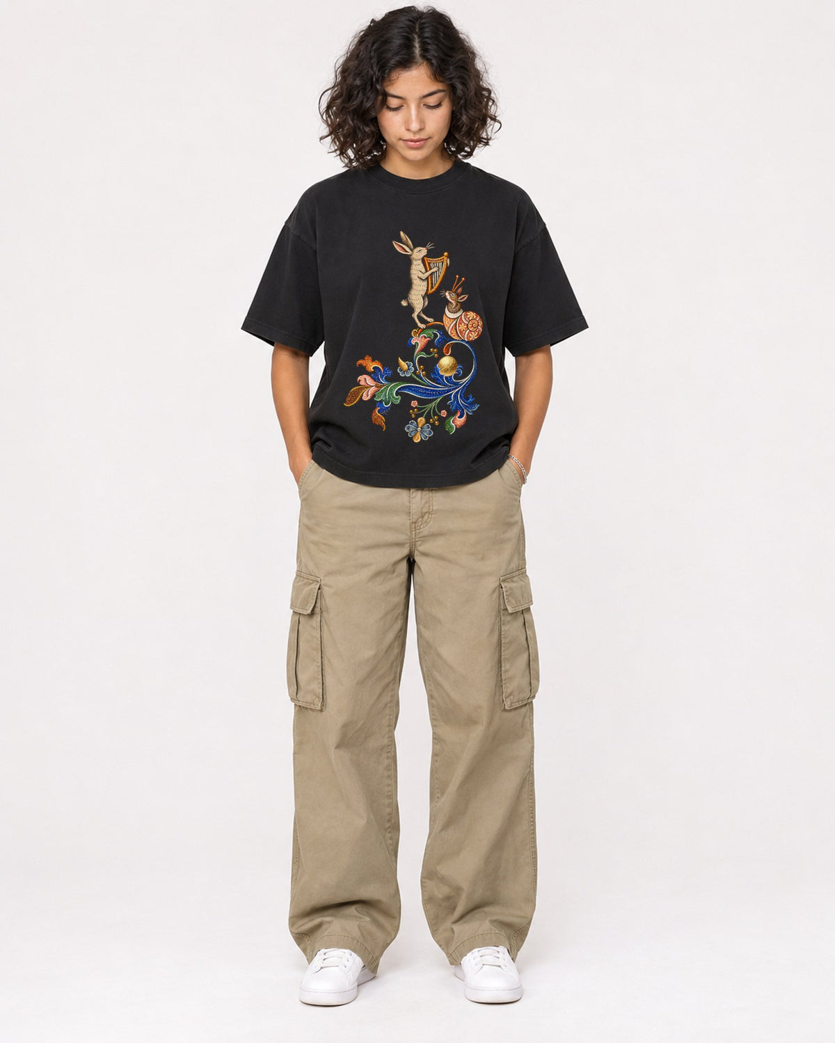 Mockup Boxy Heavyweight Tee Black female full-body 26