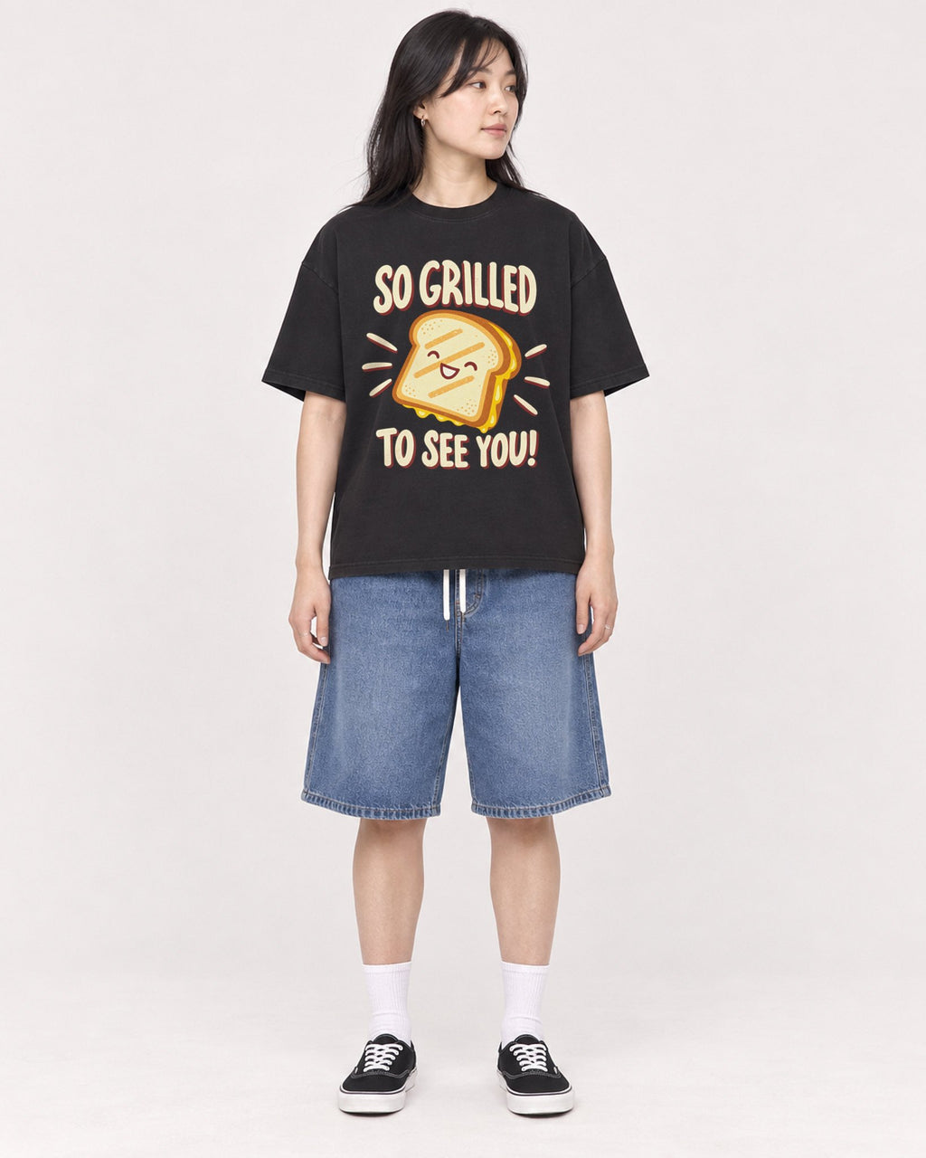 Mockup Boxy Heavyweight Tee Black female full-body 13