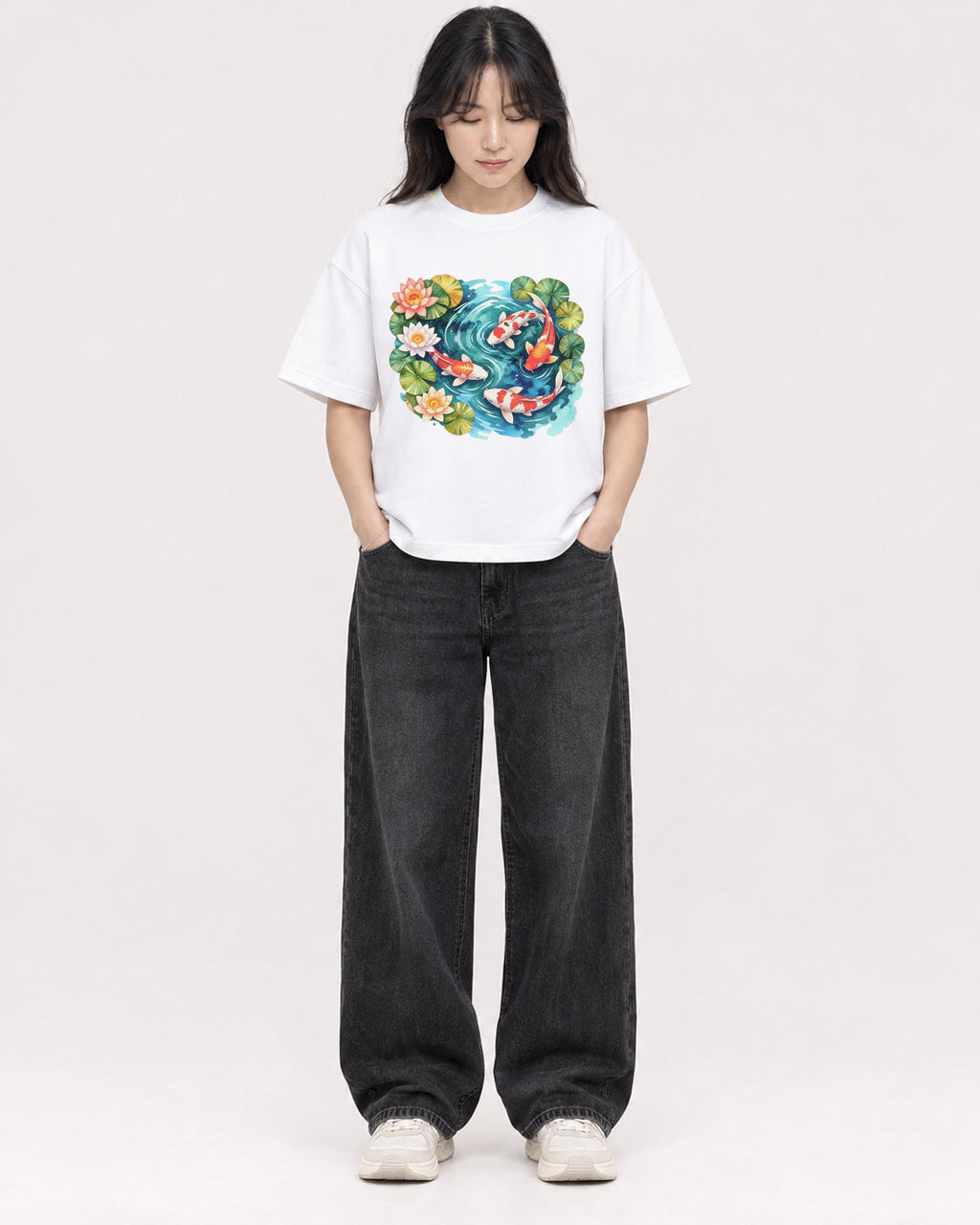 Mockup Boxy Heavyweight Tee White female full-body 13