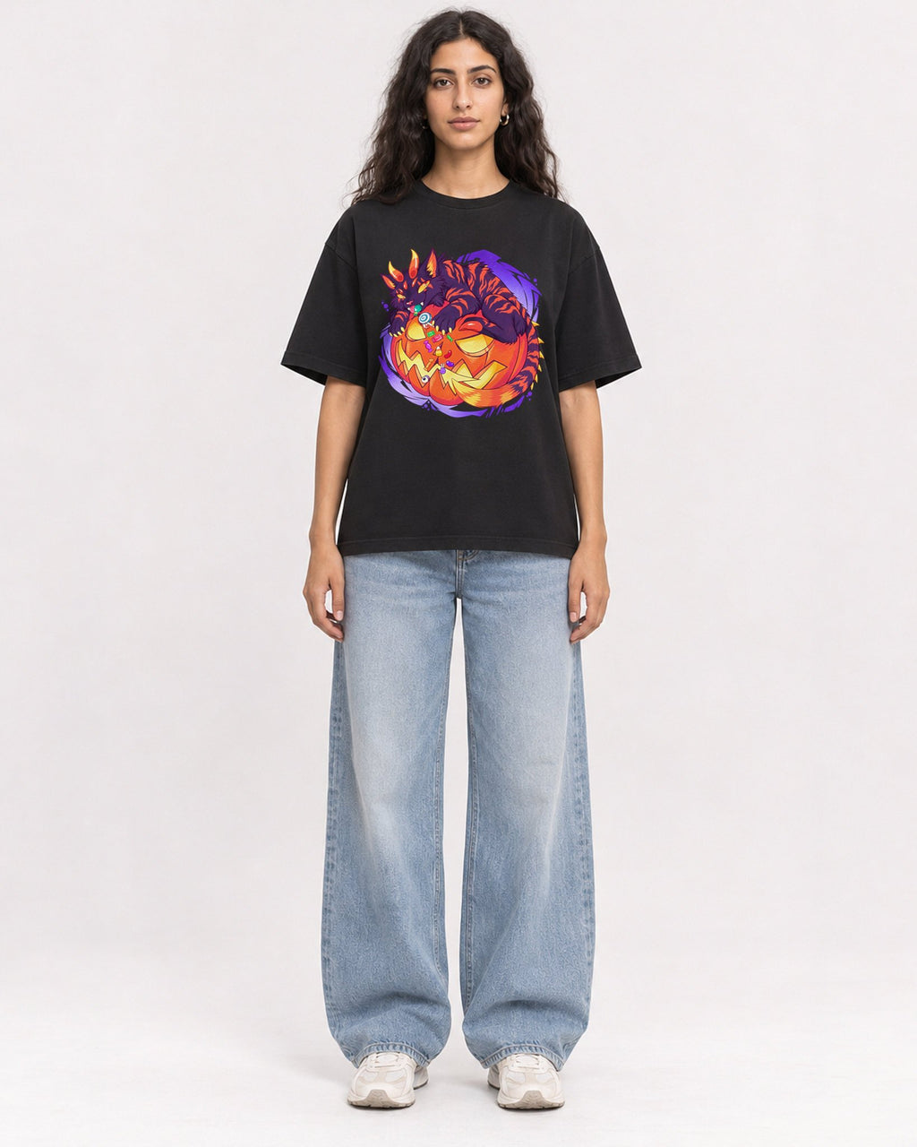 Mockup Boxy Heavyweight Tee Black female full-body 07