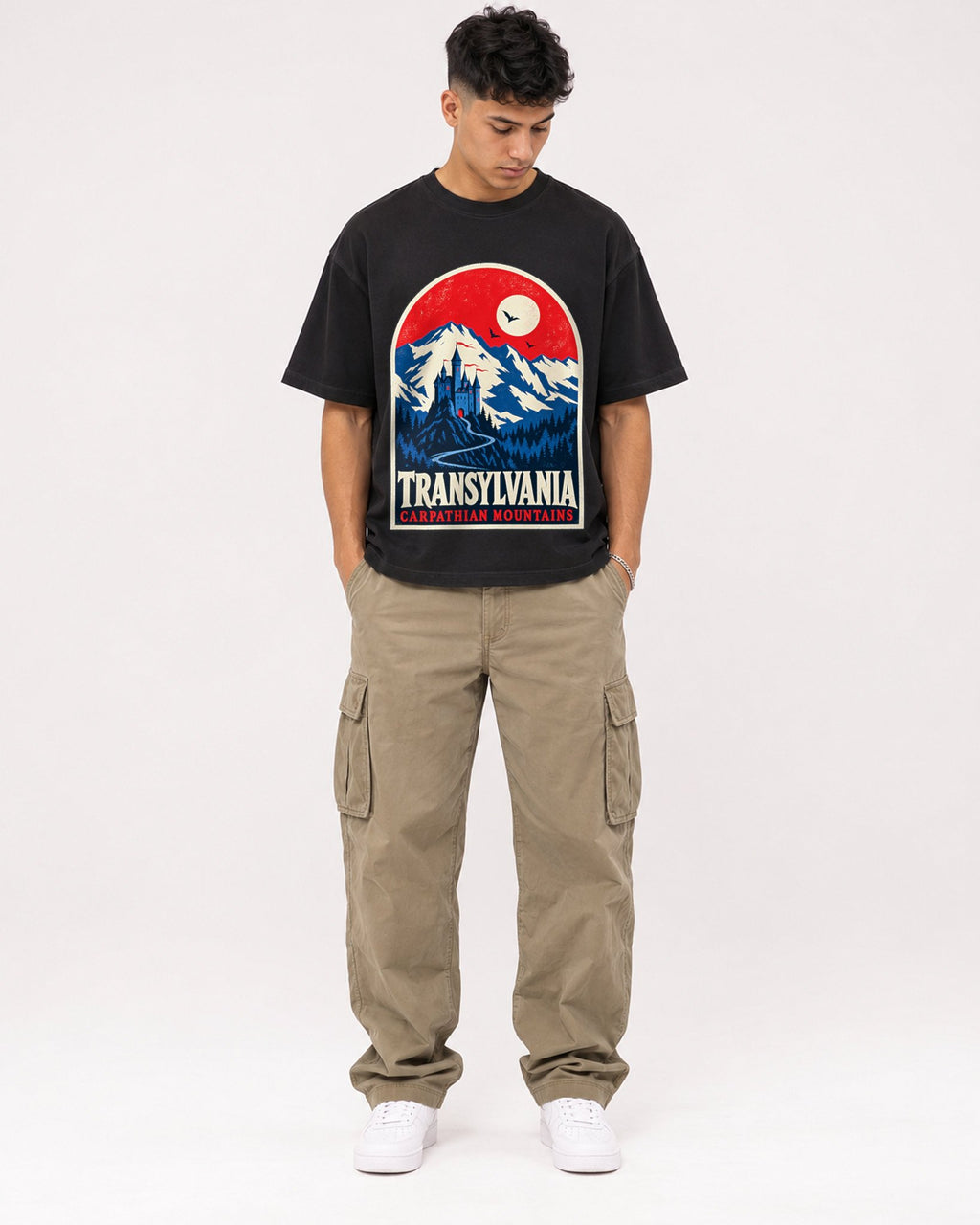 Mockup Boxy Heavyweight Tee Black male full-body 16