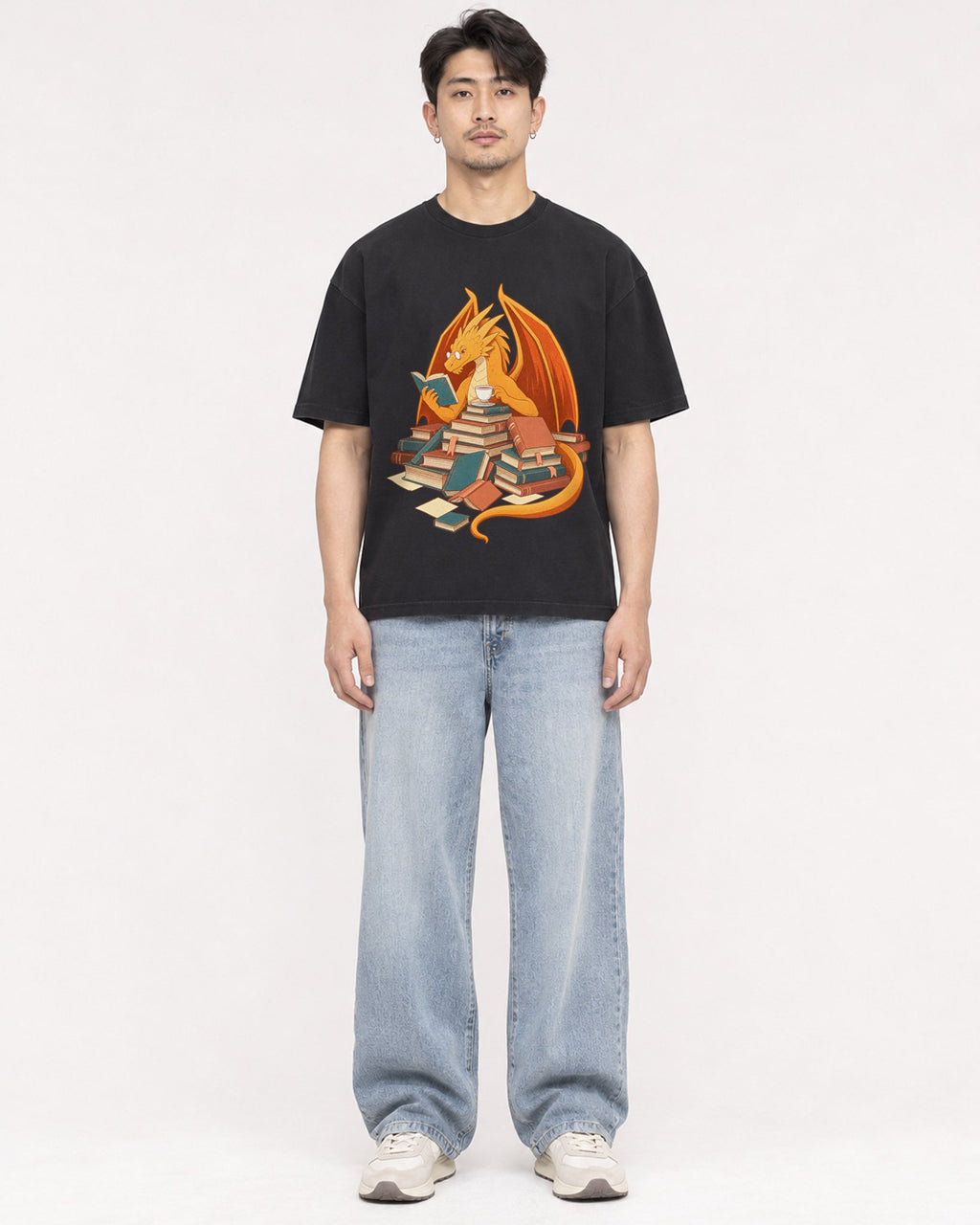 Mockup Boxy Heavyweight Tee Black male full-body 13