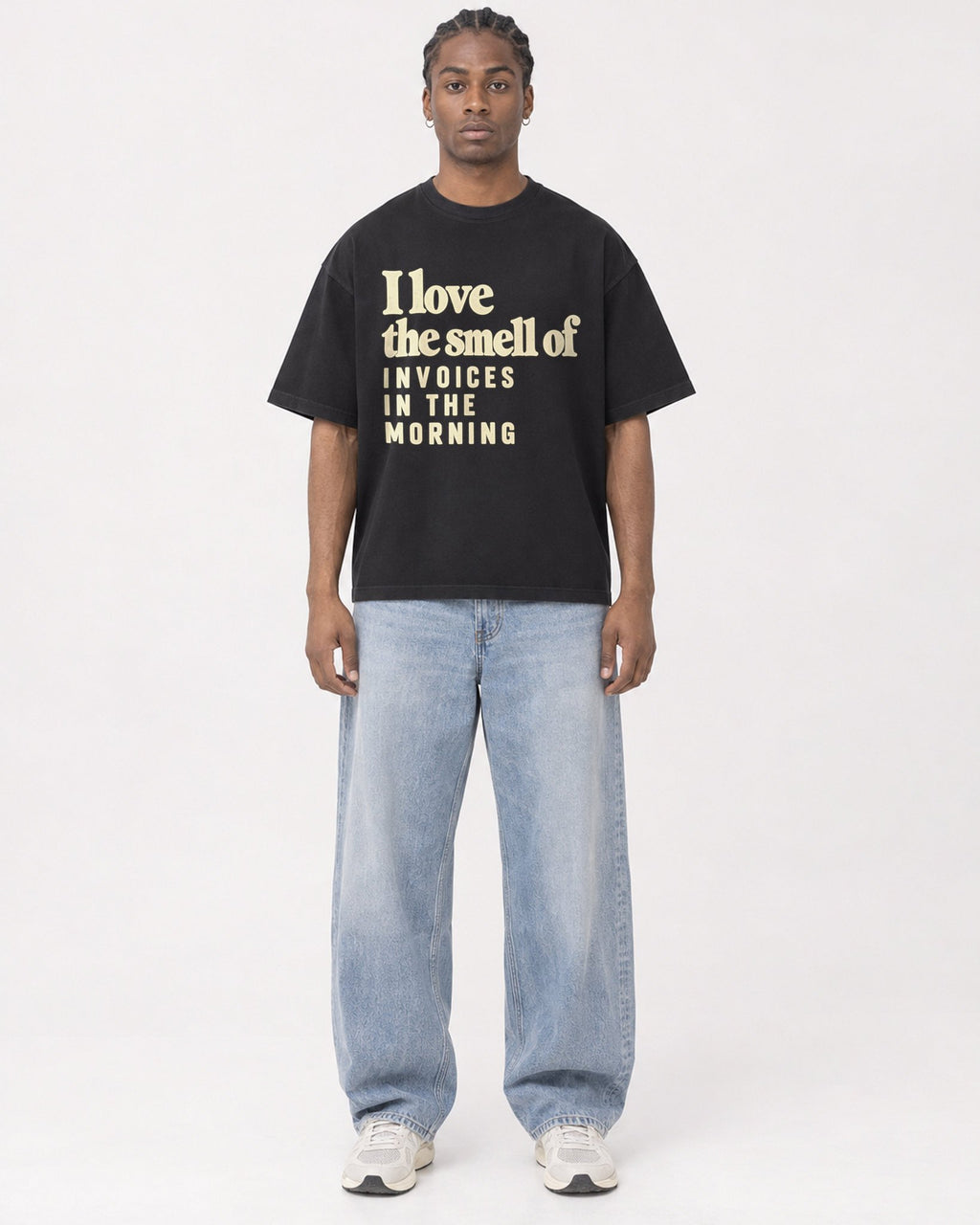 Mockup Boxy Heavyweight Tee Black male full-body 25