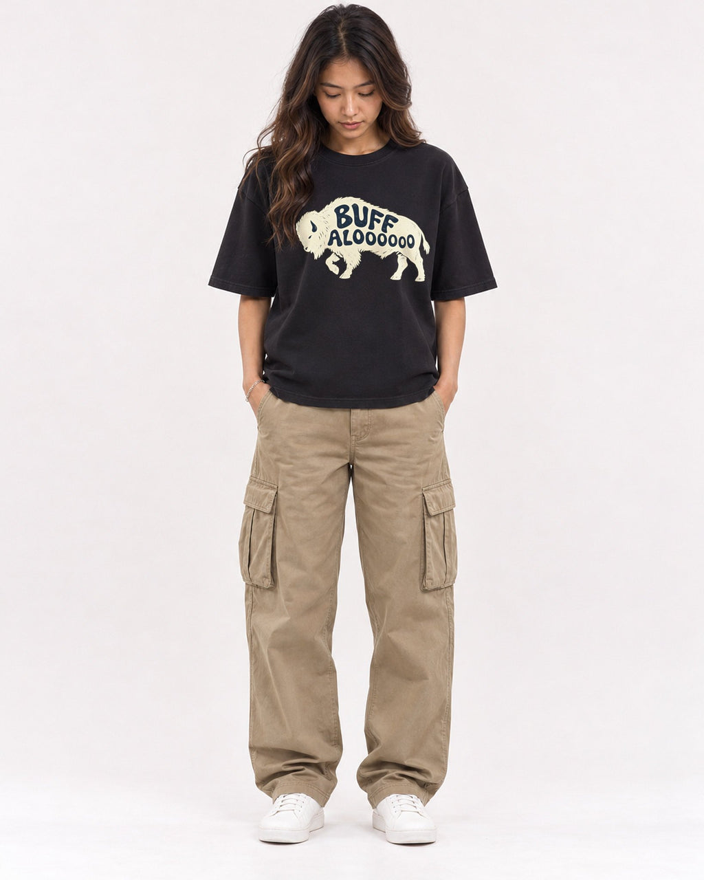 Mockup Boxy Heavyweight Tee Black female full-body 02