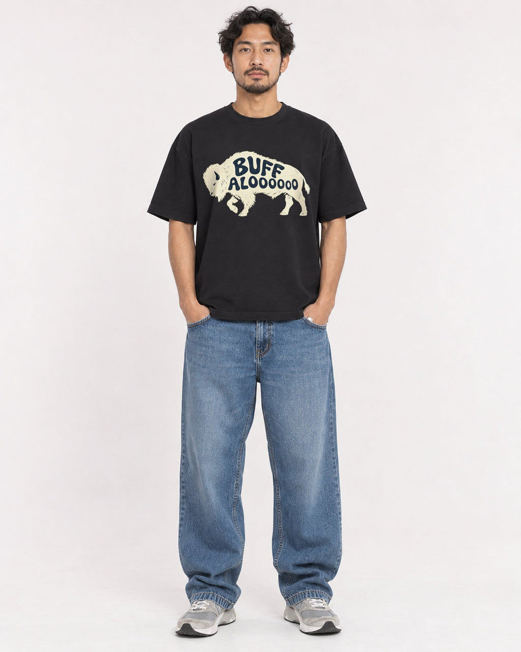 Mockup Boxy Heavyweight Tee Black male full-body 02