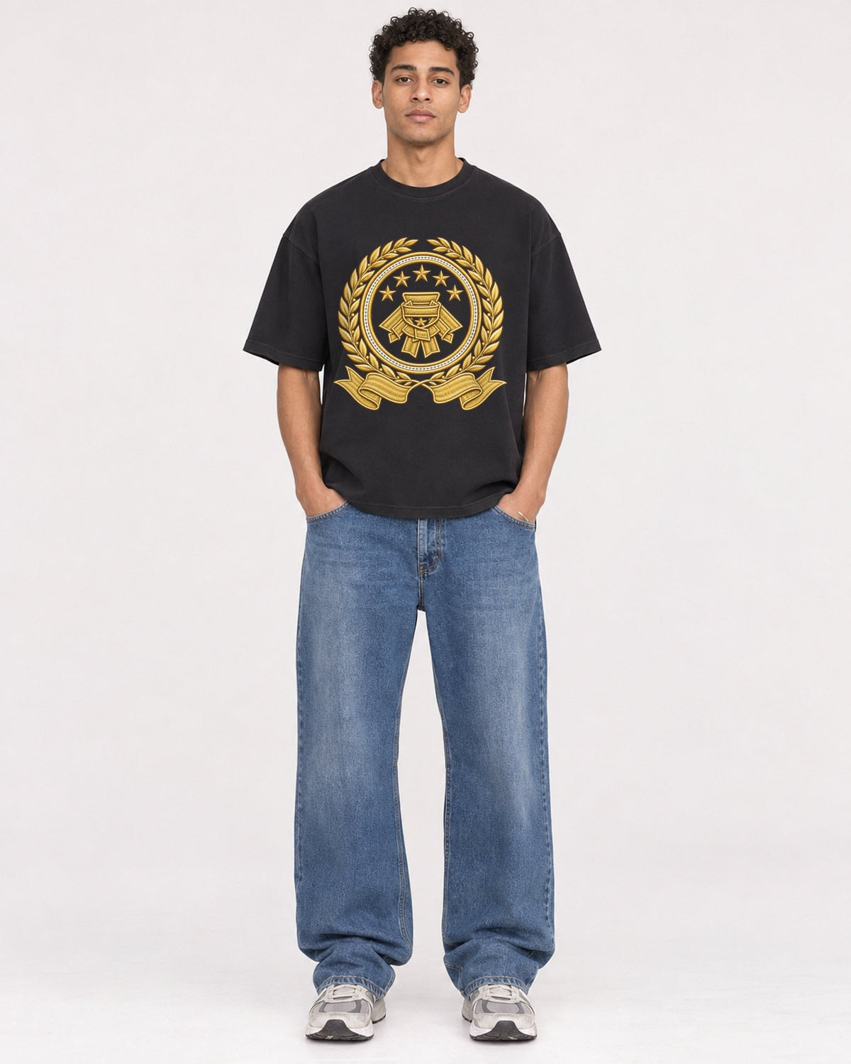 Mockup Boxy Heavyweight Tee Black male full-body 10