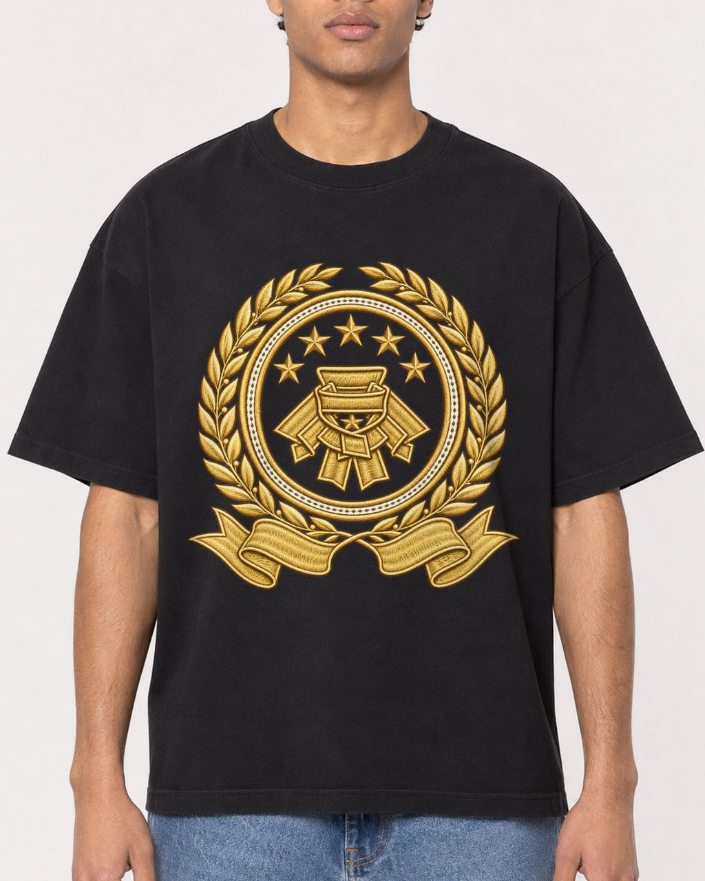 Mockup Boxy Heavyweight Tee Black male close-up 10
