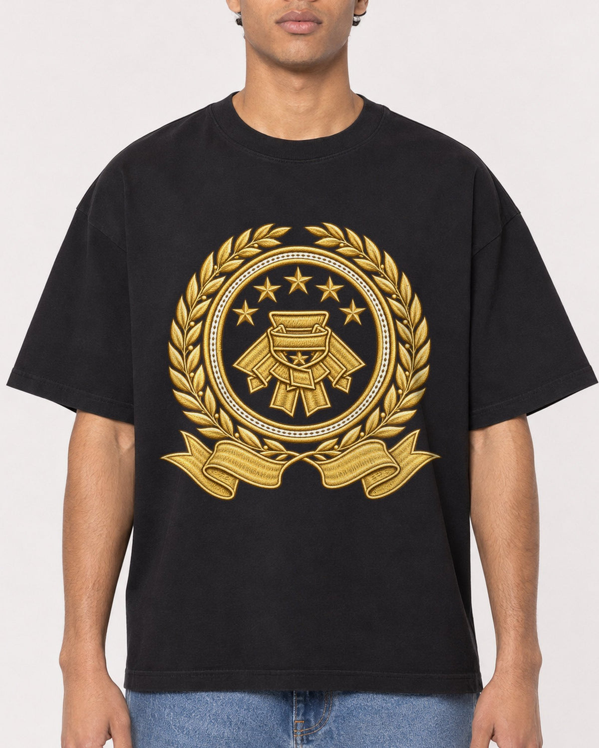 Mockup Boxy Heavyweight Tee Black male close-up 10