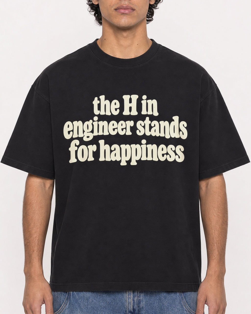 Mockup Boxy Heavyweight Tee Black male close-up 26