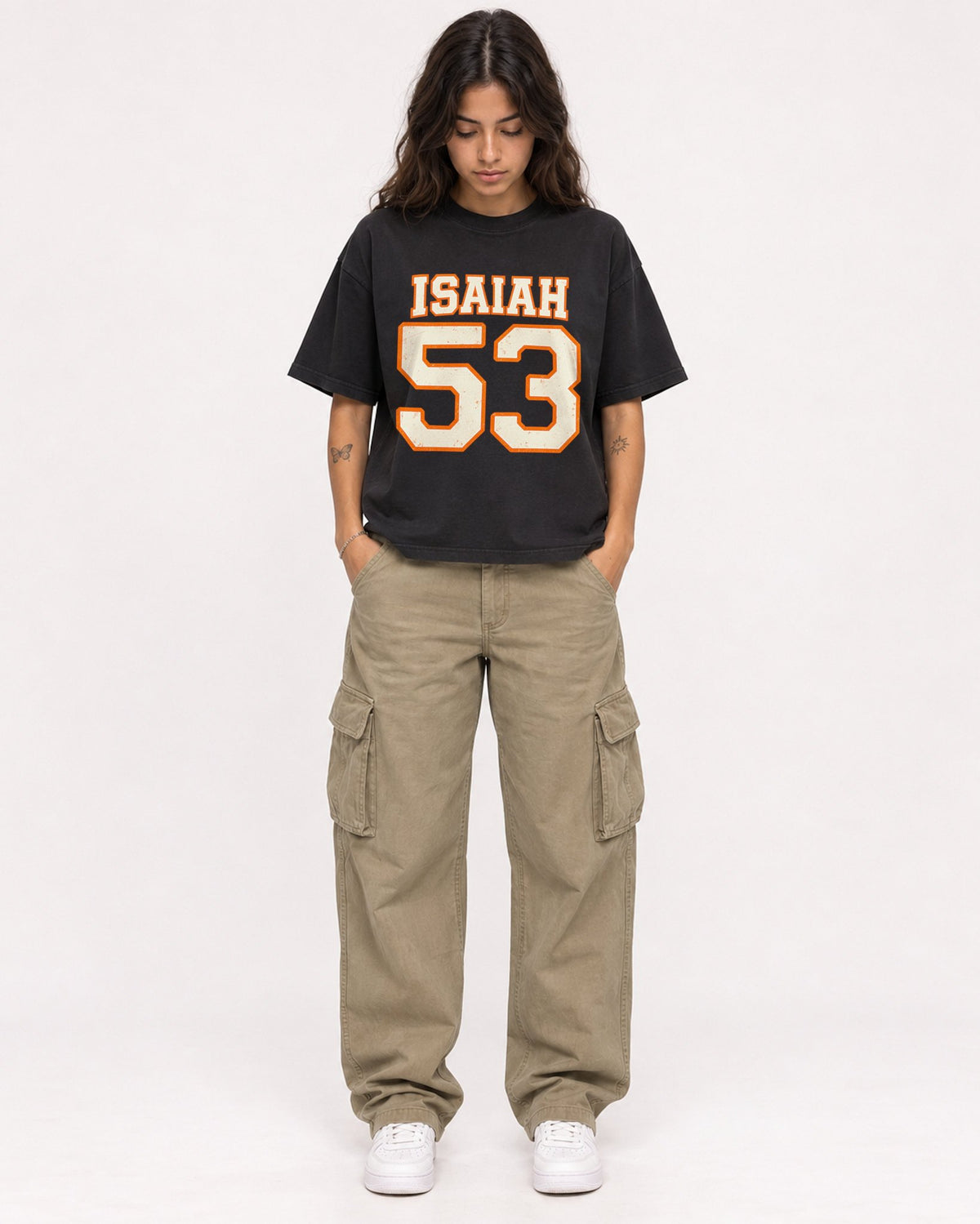 Mockup Boxy Heavyweight Tee Black female full-body 06