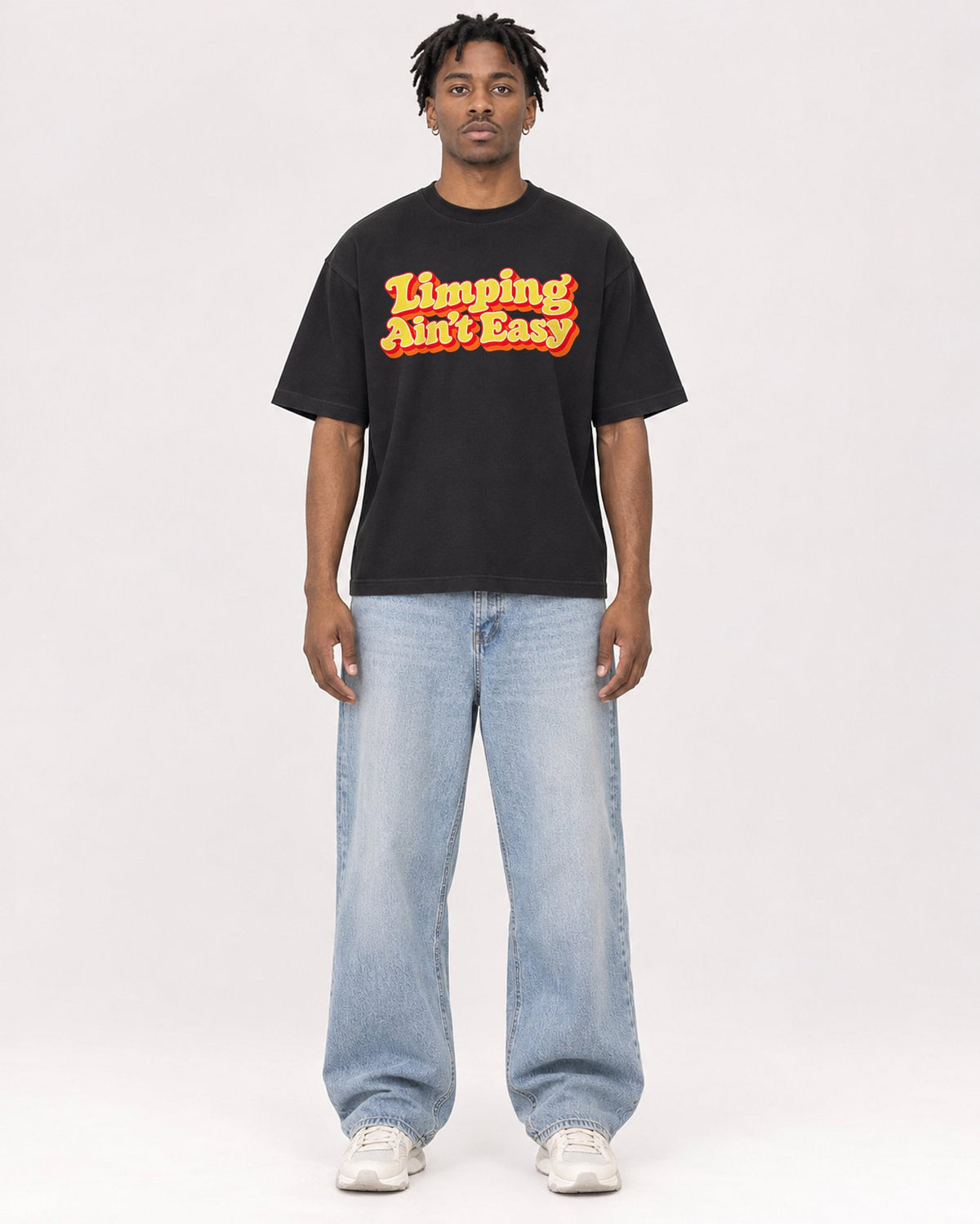 Mockup Boxy Heavyweight Tee Black male full-body 05
