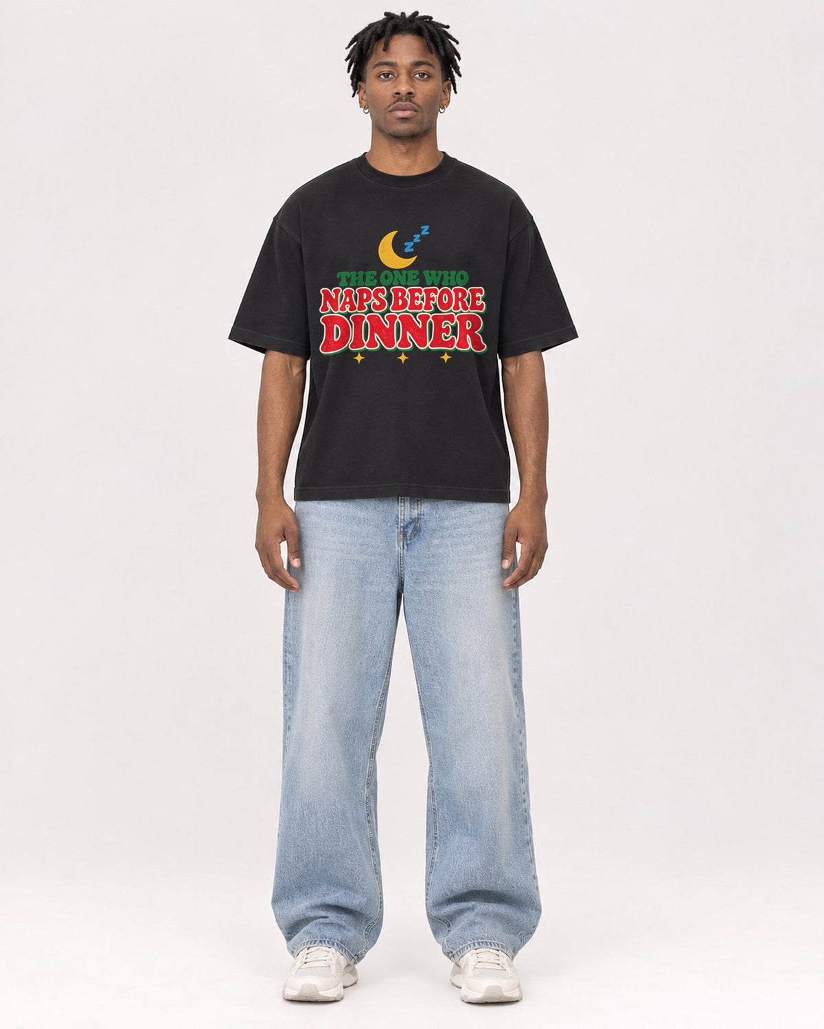Mockup Boxy Heavyweight Tee Black male full-body 05