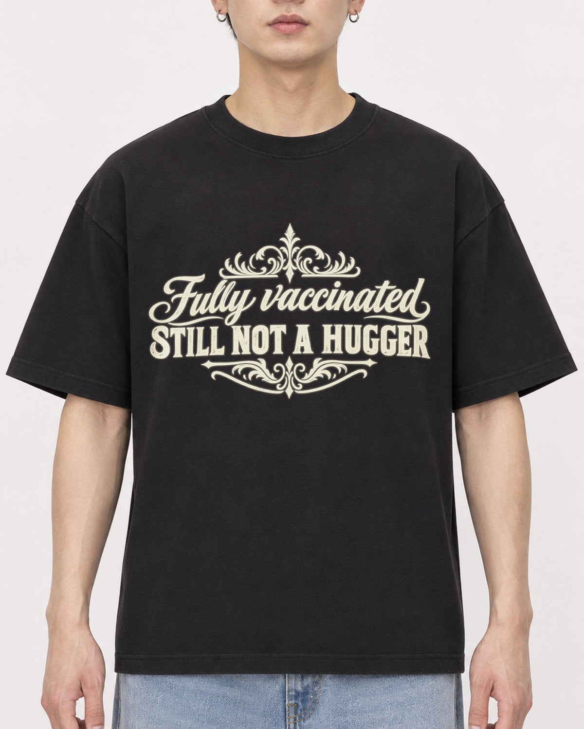 Mockup Boxy Heavyweight Tee Black male close-up 01