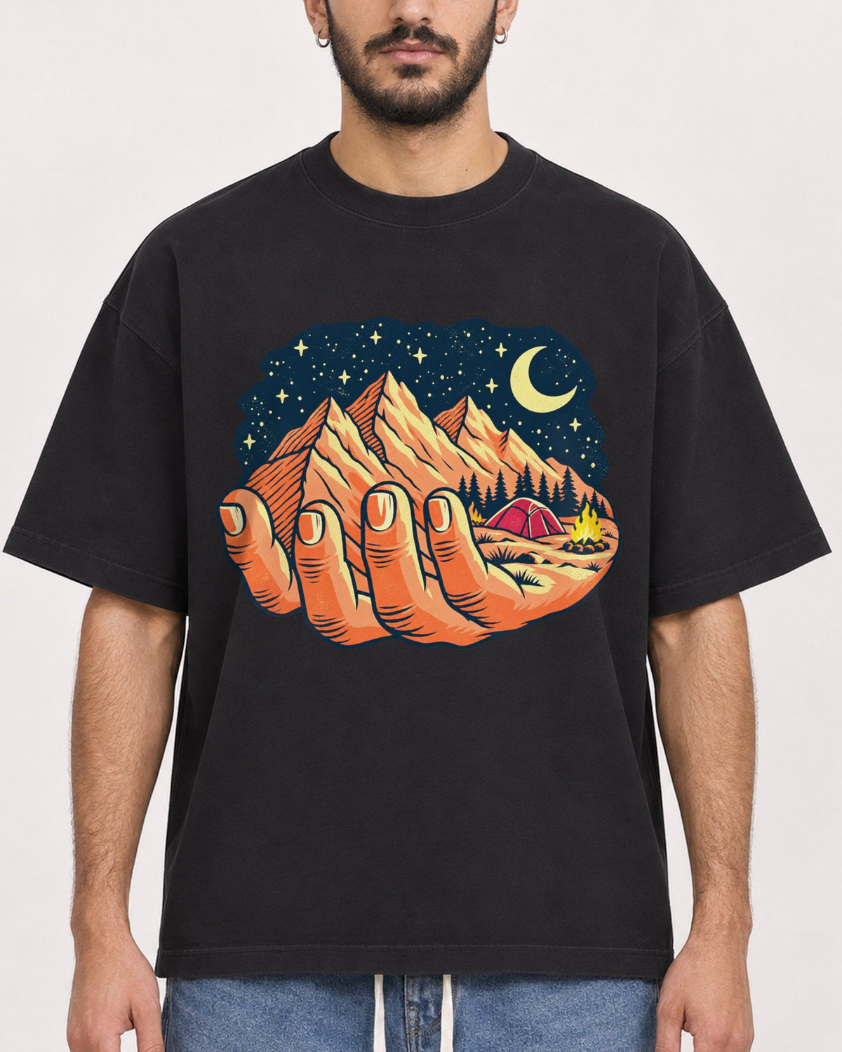Mockup Boxy Heavyweight Tee Black male close-up 07