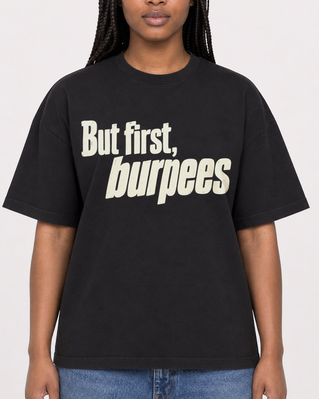 Mockup Boxy Heavyweight Tee Black female close-up 04