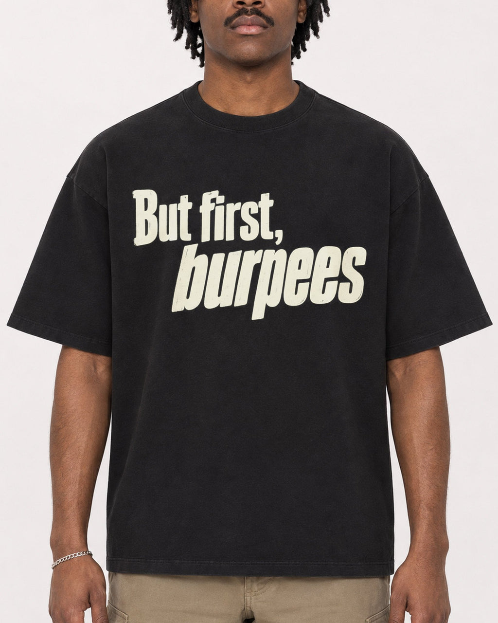 Mockup Boxy Heavyweight Tee Black male close-up 04