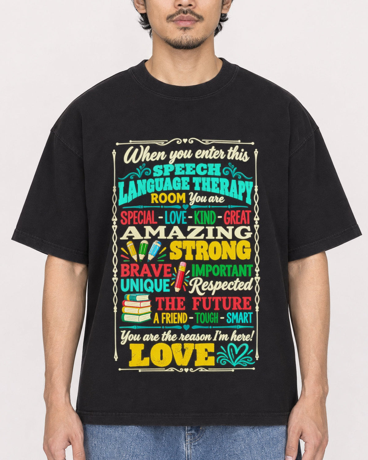 Mockup Boxy Heavyweight Tee Black male close-up 02